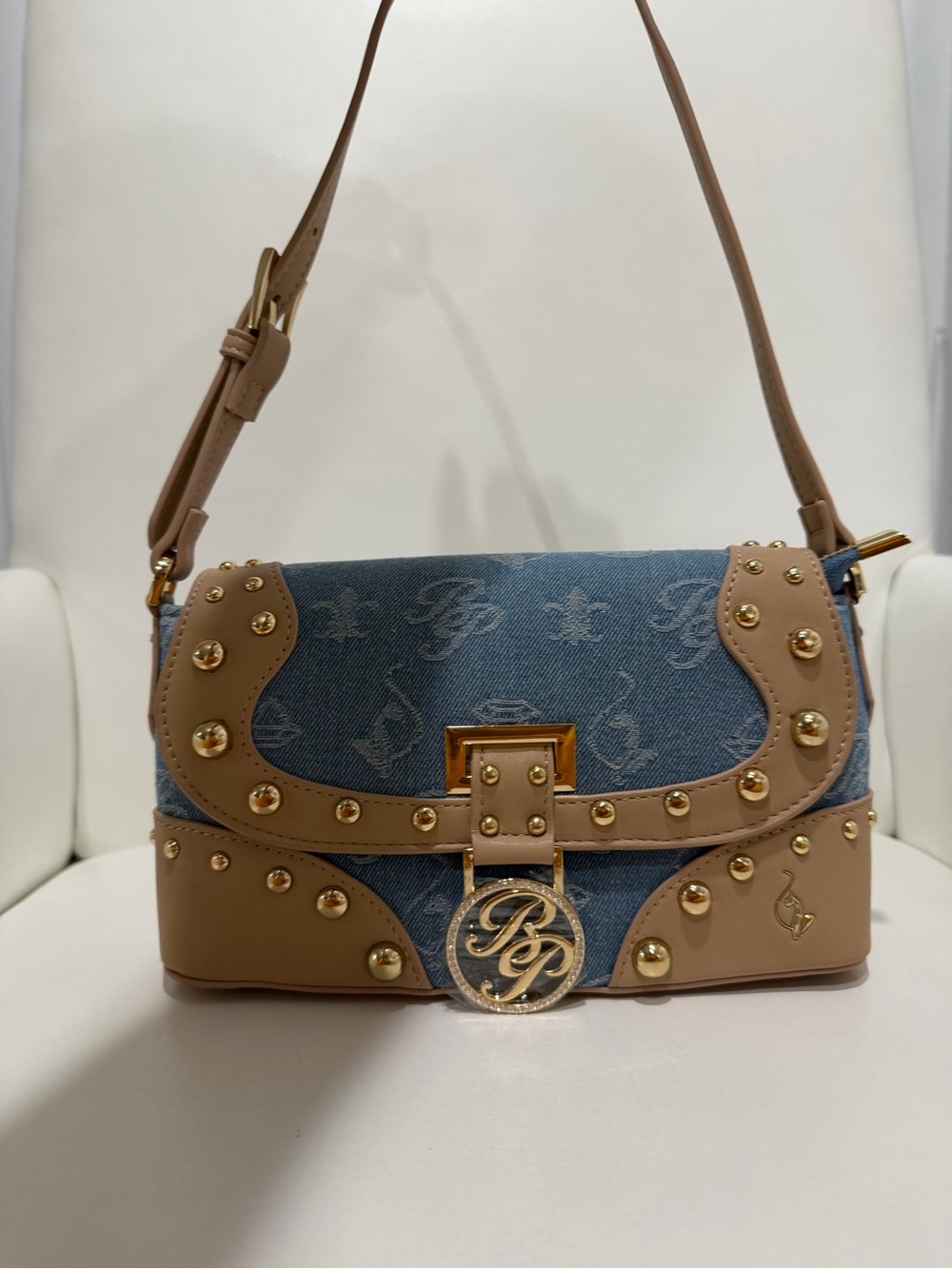 Baby Phat Denim and Tan Studded Shoulder Bag